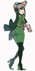 Rule 34 | 1girl, ass, asui tsuyu, black eyes, black hair, bodysuit, boku no hero academia, boots, breasts, brown gloves, frog girl, from behind, full body, gloves, goggles, goggles on head, green bodysuit, green hair, grey background, hair rings, headphones, headphones around neck, high heel boots, high heels, highres, kobaji, large breasts, long hair, long tongue, looking at viewer, looking back, low-tied long hair, simple background, solo, standing, thigh boots, thighhighs, tongue, tongue out