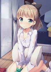 Rule 34 | 1girl, amemiya ruki, barefoot, bed, between legs, black bow, blush, bow, closed mouth, collared shirt, commentary request, curtains, dress shirt, green eyes, hair bow, hand between legs, high ponytail, highres, indoors, light brown hair, long hair, long sleeves, looking at viewer, original, pillow, ponytail, shirt, sidelocks, sitting, sleeves past wrists, solo, wariza, white shirt, window, wooden floor