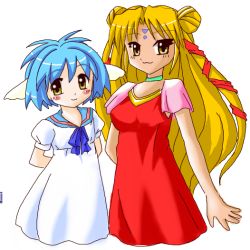 Rule 34 | 00s, 2girls, animal ears, arms behind back, blonde hair, blue hair, blush, brown eyes, choker, dress, facial mark, forehead mark, galaxy angel, gloves, looking at viewer, mint blancmanche, multiple girls, puffy sleeves, ranpha franboise, short dress, short hair, simple background, smile, white background, yellow eyes