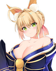 Rule 34 | 1girl, absurdres, ahoge, animal ear fluff, animal ears, bad id, bad pixiv id, bare shoulders, black bow, blonde hair, blue kimono, blush, bow, breasts, catnnn, cleavage, closed mouth, collarbone, commentary request, cosplay, fang, fang out, fate/grand order, fate (series), fox ears, hair intakes, highres, japanese clothes, kemonomimi mode, kimono, kimono pull, large breasts, nero claudius (fate), nero claudius (fate) (all), nero claudius (fate/extra), official alternate costume, short hair, simple background, skin fang, solo, tamamo (fate), tamamo no mae (fate/extra), tamamo no mae (fate/extra) (cosplay), tamamo no mae (third ascension) (fate), tears, upper body, white background
