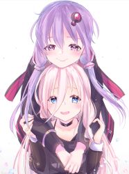 Rule 34 | 2girls, absurdres, arms around neck, black jacket, black shirt, blue eyes, bracelet, commentary, hair ornament, hair tubes, hands on another&#039;s arm, head on head, highres, hood, hooded jacket, hug, hug from behind, ia (vocaloid), jacket, jewelry, long hair, looking at viewer, multiple girls, open mouth, pink hair, purple eyes, purple hair, shirt, sidelocks, smile, tsukizuumi, vocaloid, white background, yuzuki yukari