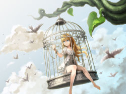 Rule 34 | 1girl, animal, bare legs, bdsm, bird, birdcage, blonde hair, blue eyes, bondage, bound, bound wrists, cage, cloud, cloudy sky, cuffs, day, dress, fairy, fairy wings, female focus, flying, highres, leaf, long hair, looking away, mini person, minigirl, original, plant, pointy ears, shackles, sitting, sky, tree, ume (illegal bible), vines, white dress, wings