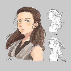 Rule 34 | 1girl, animification, comparison, grey background, half updo, jedi, looking at viewer, matsuri6373, redesign, rey (star wars), science fiction, serious, sketch, star wars, star wars: the last jedi, uniform