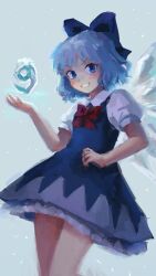 1girl blue_bow blue_dress blue_eyes blue_hair blush bow bowtie cirno cirno_day collared_shirt commentary cowboy_shot dress english_commentary grey_background hair_bow hand_on_own_hip highres himuhino ice ice_wings looking_at_viewer medium_hair pinafore_dress puffy_sleeves red_bow red_bowtie shirt short_dress short_sleeves sleeveless sleeveless_dress smile snow solo standing teeth touhou white_shirt wings