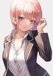 Rule 34 | 1girl, black jacket, blue eyes, breasts, cleavage, collarbone, collared shirt, commentary request, dress shirt, earrings, fagi (kakikaki), go-toubun no hanayome, hand up, jacket, jewelry, long sleeves, looking at viewer, medium breasts, nakano ichika, open clothes, open jacket, parted lips, pink hair, school uniform, shirt, short hair, smile, solo, stud earrings, upper body, white shirt