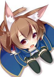 Rule 34 | 10s, 1girl, animal ears, arm support, black thighhighs, blush, cat ears, cat tail, from above, highres, jougen, looking at viewer, looking up, open mouth, red eyes, seiza, short hair, short twintails, silica, silica (sao-alo), simple background, sitting, skirt, solo, sword art online, tail, thighhighs, twintails, white background