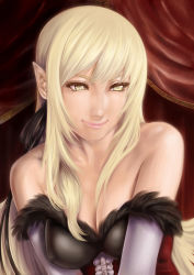 Rule 34 | 1girl, bare shoulders, blonde hair, breasts, cleavage, covered erect nipples, curtains, dress, elbow gloves, feathers, frilled dress, frills, gloves, hair ribbon, indoors, kiss-shot acerola-orion heart-under-blade, large breasts, light smile, long hair, looking to the side, monogatari (series), oshino shinobu, pointy ears, red dress, ribbon, smile, solo, strapless, strapless dress, upper body, v arms, very long hair, white gloves, yellow eyes, yuki1977