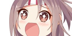 Rule 34 | + +, 10s, 1girl, brown eyes, brown hair, hachimaki, headband, high ponytail, kantai collection, long hair, looking at viewer, matching hair/eyes, nahaki, open mouth, ponytail, portrait, simple background, sin-poi, solo, sparkling eyes, symbol-shaped pupils, white background, zuihou (kancolle)