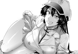 Rule 34 | 1girl, bambietta basterbine, black hair, bleach, bleach: sennen kessen-hen, breasts, clothes lift, daraz, greyscale, hair between eyes, hat, large breasts, long hair, looking at viewer, military, military hat, military uniform, monochrome, peaked cap, pleated skirt, simple background, skirt, skirt lift, solo, thick thighs, thighs, uniform, white background