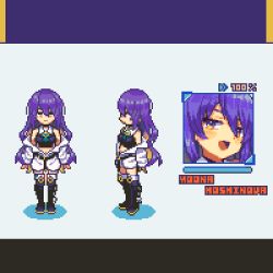 Rule 34 | belt, boots, character name, collar, colored inner hair, crop top, gradient hair, hololive, hololive indonesia, lowres, moona hoshinova, multicolored eyes, multicolored hair, off shoulder, open mouth, pixel art, purple hair, tengu nouzu, thigh boots, thighhighs, virtual youtuber, wavy hair