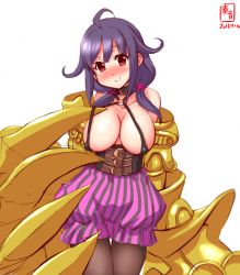 Rule 34 | 10s, 1girl, ahoge, alternate costume, black pantyhose, breasts, brown eyes, claws, cleavage, collar, commentary request, cosplay, covered erect nipples, dated, fate/extra, fate/extra ccc, fate (series), hair flaps, highres, kanon (kurogane knights), kantai collection, large breasts, long hair, looking at viewer, low twintails, pantyhose, passion lip (cosplay), passionlip (fate), passionlip (fate) (cosplay), purple hair, shorts, simple background, sketch, smile, solo, taigei (kancolle), twintails, white background