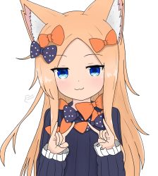 Rule 34 | 1girl, :3, abigail williams (fate), animal ear fluff, animal ears, atsumisu, bad id, bad pixiv id, black bow, black dress, blonde hair, blue eyes, blush, bow, closed mouth, commentary request, dress, fate/grand order, fate (series), fingernails, forehead, fox ears, fox shadow puppet, hair bow, hands up, highres, kemonomimi mode, long hair, long sleeves, looking at viewer, no headwear, orange bow, parted bangs, polka dot, polka dot bow, simple background, sleeves past wrists, smile, solo, upper body, very long hair, white background