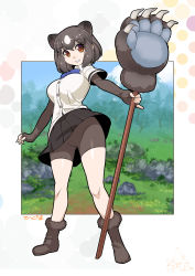 Rule 34 | 10s, animal ears, bear ears, paw stick, bike shorts, bow, bowtie, breasts, brown bear (kemono friends), brown hair, commentary request, elbow gloves, fingerless gloves, gloves, highres, kemono friends, short hair, shorts under skirt, skirt, umigarasu (kitsune1963)