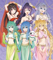 6+girls bare_shoulders black_hair blonde_hair blue_eyes blue_hair braid breasts cleavage clock_eyes collarbone date_a_live double_bun eyepatch green_eyes green_hair grey_hair hair_between_eyes hair_bun hair_ornament hand_puppet harem_outfit heterochromia highres himekawa_yoshino hoshimiya_mukuro jewelry kyouno_natsumi long_hair looking_at_viewer medium_breasts multiple_girls navel official_art one_eye_closed open_mouth pendant puppet purple_eyes purple_hair red_eyes smile stuffed_animal stuffed_toy symbol-shaped_pupils takamiya_mio third-party_source tokisaki_kurumi very_long_hair yatogami_tohka yellow_eyes yoshinon