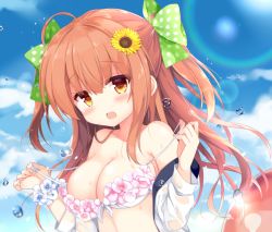 Rule 34 | 1girl, :d, ahoge, bare shoulders, bikini, blue sky, blush, bow, breasts, brown eyes, brown hair, cleavage, cloud, cloudy sky, collarbone, commentary request, day, flower, green bow, hair between eyes, hair bow, hair flower, hair ornament, hands up, kujou danbo, large breasts, long hair, off shoulder, open clothes, open mouth, open shirt, original, outdoors, polka dot, polka dot bow, pulled by self, see-through, shirt, sky, smile, solo, strap pull, sunflower, sunflower hair ornament, swimsuit, two side up, upper body, wet, wet clothes, wet shirt, white bikini, white shirt, yellow flower