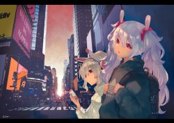 Rule 34 | 2girls, adidas, animal ears, ayanami (azur lane), azur lane, backpack, bag, black shirt, brand name imitation, building, car, cellphone, character name, city, crosswalk, hair between eyes, hair ornament, headgear, headphones, holding, holding phone, jacket, jewelry, karinto yamada, laffey (azur lane), letterboxed, long hair, motor vehicle, multiple girls, open mouth, outdoors, parted lips, pendant, phone, ponytail, rabbit ears, red eyes, road, shirt, silver hair, sky, skyscraper, street, translated, twintails, very long hair, white jacket