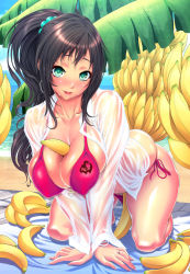 Rule 34 | 1girl, all fours, arched back, banana, beach, bent over, between breasts, bikini, black hair, blush, breasts, bursting breasts, chinbotsu, cleavage, day, deep skin, eye contact, fingernails, food, fruit, green eyes, hanging breasts, heart, huge breasts, jewelry, large breasts, lips, long hair, looking at another, looking at viewer, naughty face, ocean, open mouth, original, outdoors, ponytail, ring, sexually suggestive, shiny skin, shirt, side-tie bikini bottom, skindentation, smile, solo, swimsuit, symbol-shaped pupils, thick thighs, thighs, water, wedding band, wet, wet clothes, white shirt