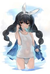 Rule 34 | 1girl, absurdres, bad id, bad pixiv id, black hair, blue shirt, blue sky, braid, brown eyes, cloud, cloudy sky, commentary, covered navel, cowboy shot, day, food, food in mouth, girls und panzer, girls und panzer senshadou daisakusen!, hair ribbon, hair tie, hairband, hakuto hotaru, hand in own hair, highres, long hair, looking at viewer, low twintails, mouth hold, off shoulder, one-piece swimsuit, outdoors, popsicle, reizei mako, ribbon, school swimsuit, shirt, sky, solo, standing, swimsuit, twin braids, twintails, wading, white hairband, white one-piece swimsuit, white ribbon, white school swimsuit