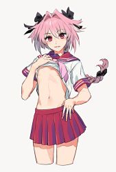 Rule 34 | 1boy, astolfo (fate), astolfo (sailor paladin) (fate), braid, clothes lift, crossdressing, fate/grand order, fate (series), hair intakes, hair ribbon, long hair, looking at viewer, male focus, navel, official alternate costume, pink hair, purple eyes, ribbon, school uniform, serafuku, shirt lift, simple background, skirt, smile, solo, tenobe, trap, white background