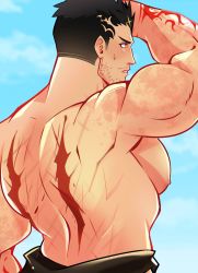 Rule 34 | 1boy, arm tattoo, ass, back, back focus, bara, bare pectorals, bodysuit, facial hair, from behind, halo, hand on own head, highres, large pectorals, lisuchi, looking to the side, male focus, mature male, muscular, muscular male, nipples, open bodysuit, open clothes, pectorals, scar, scar on back, short hair, sideburns, solo, stubble, sweatdrop, tattoo, thick thighs, thighs, tokyo houkago summoners, upper body, zabaniyya (housamo)