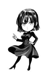 Rule 34 | 1girl, breasts, chibi, fubuki (one-punch man), jewelry, large breasts, lips, looking at viewer, monochrome, murata yuusuke, necklace, official art, one-punch man, ribbed sweater, short hair, smile, sweater, turtleneck