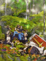 Rule 34 | 1boy, amuro ray, black footwear, blue jacket, blue pants, brown hair, bush, commentary, damaged, faux traditional media, flower, forest, gundam, highres, hurom (1stz2zchar), jacket, korean commentary, mecha, mobile suit, mobile suit gundam, moss, nature, outdoors, pants, purple flower, red flower, robot, rock, rx-78-2, science fiction, shield, short hair, standing, tree, v-fin, wide shot, wreckage, yellow flower