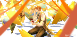 Rule 34 | 1boy, artist name, blue eyes, blurry, blurry foreground, brown footwear, brown hair, brown pants, brown vest, closed mouth, covering face, formal, full body, genshin impact, highres, holding, kneeling, lacyy, long sleeves, pants, shadow, shirt, short hair, signature, solo, tartaglia (genshin impact), vest, white background, white shirt