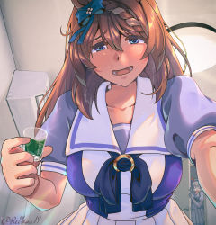Rule 34 | 2girls, animal ears, blue bow, blue eyes, blush, bow, bowtie, braid, breasts, brown hair, commentary request, cowboy shot, cup, ear covers, hair between eyes, hair bow, highres, holding, holding cup, horse ears, horse girl, horseshoe ornament, large breasts, long hair, looking at viewer, multiple girls, open mouth, peeking out, pleated skirt, pov, puffy short sleeves, puffy sleeves, purple bow, purple bowtie, purple shirt, reihou19, royal bitter juice, school uniform, shirt, short sleeves, signature, skirt, smile, solo focus, summer uniform, super creek (umamusume), tail, tamamo cross (umamusume), tracen school uniform, umamusume, very long hair, white skirt