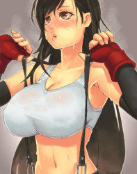 Rule 34 | 1990s (style), 1girl, black hair, blush, breasts, cleavage, covered erect nipples, elbow gloves, final fantasy, final fantasy vii, fingerless gloves, gloves, hot, huge breasts, impossible clothes, impossible shirt, lips, long hair, navel, parted lips, red eyes, retro artstyle, shirt, smell, solo, suspenders, sweat, taut clothes, taut shirt, tifa lockhart, very long hair, yuuji (and)