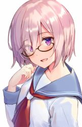 Rule 34 | 1girl, bad id, bad twitter id, blush, commentary request, eyes visible through hair, fate/grand order, fate (series), glasses, hair over one eye, haru (hiyori-kohal), long sleeves, looking at viewer, mash kyrielight, open mouth, pink hair, purple eyes, sailor collar, school uniform, shirt, short hair, simple background, solo, white background, white shirt