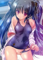 Rule 34 | 1girl, :p, black hair, covering privates, covering crotch, cropped legs, fingernails, highres, long hair, looking at viewer, purple eyes, school swimsuit, school uniform, sharp fingernails, solo, standing, swimsuit, tongue, tongue out