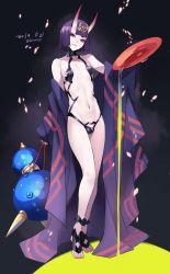 Rule 34 | 1boy, ban! (bansankan), bare shoulders, barefoot sandals (jewelry), bob cut, bulge, collarbone, cup, dated, eyeliner, fate (series), full body, genderswap, genderswap (ftm), headpiece, highres, horns, japanese clothes, kimono, legs, long sleeves, looking at viewer, makeup, male focus, off shoulder, oni, open clothes, open kimono, parted lips, pouring, purple eyes, purple hair, purple kimono, revealing clothes, sakazuki, short eyebrows, short hair, shuten douji (fate), skin-covered horns, smile, solo, toes, white background, wide sleeves