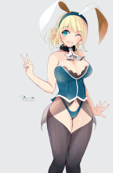 Rule 34 | 10s, 1girl, ;d, adapted costume, alternate costume, alternate hairstyle, animal ears, atago (kancolle), bad id, bad pixiv id, black thighhighs, blonde hair, blue eyes, breasts, bustier, cleavage, collar, commentary request, dated, fake animal ears, hair up, hairband, highres, kantai collection, large breasts, leotard, navel, one eye closed, open mouth, playboy bunny, rabbit ears, simple background, smile, solo, standing, tebi (tbd11), thighhighs, v