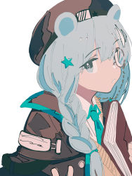 Rule 34 | 1girl, animal ears, arknights, bear ears, beret, black jacket, blue eyes, blue hair, blue necktie, book, braid, brown hat, closed mouth, collared shirt, hair between eyes, hair ornament, hair over shoulder, hand up, hat, highres, holding, holding book, istina (arknights), jacket, long hair, looking at viewer, necktie, open clothes, open jacket, shirt, simple background, single braid, solo, star (symbol), star hair ornament, sweater vest, tetuw, white background, white shirt