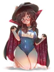 Rule 34 | bare legs, barefoot, blue one-piece swimsuit, blush, bow, brown eyes, brown hair, cape, clothes writing, fedora, full body, glasses, hat, hat bow, high collar, highres, looking at viewer, low twintails, one-piece swimsuit, red-framed eyewear, school swimsuit, semi-rimless eyewear, short hair, simple background, solo, sweat, swimsuit, tanikake yoku, touhou, twintails, usami sumireko, white background