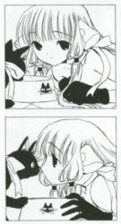 Rule 34 | 00s, 1girl, animal, blunt bangs, cat, chii, chobits, clamp, close-up, comic, from side, gloves, green theme, greyscale, lowres, monochrome, official art, profile, ribbon, short hair, silent comic, table, upper body