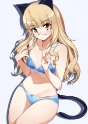 Rule 34 | 1girl, animal ears, blonde hair, blue bra, blue panties, bow, bow bra, bow panties, bra, breasts, cat ears, cat tail, glasses, groin, highres, holding, holding own hair, lace, lace-trimmed bra, lace-trimmed panties, lace trim, long hair, looking at viewer, momendoufu, navel, panties, parted lips, perrine h. clostermann, pointing, pointing up, rimless eyewear, small breasts, solo, strike witches, tail, underwear, underwear only, wavy hair, white background, world witches series, yellow eyes