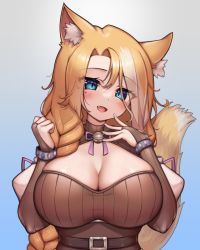Rule 34 | 1girl, animal ear fluff, animal ears, bell, belt, blonde hair, blue eyes, braid, breasts, bridal gauntlets, cat ears, cat girl, cleavage, commentary, english commentary, fang, gradient background, hands up, kaptivate, large breasts, looking at viewer, mole, mole under eye, multicolored hair, neck bell, neck ribbon, open mouth, original, parted bangs, ribbon, simple background, solo, tail, two-tone hair, upper body, virtual youtuber, white hair