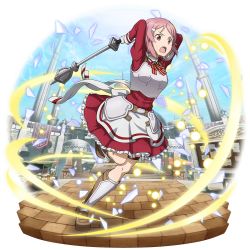 Rule 34 | 1girl, apron, armor, arms behind head, arms up, breastplate, brown footwear, day, faulds, faux figurine, frilled skirt, frills, full body, gloves, hair ornament, hairclip, highres, leg up, lisbeth (sao), long sleeves, miniskirt, neck ribbon, official art, open mouth, outdoors, pink hair, pleated skirt, red eyes, red ribbon, red shirt, red skirt, ribbon, shirt, short hair, skirt, solo, sword art online, sword art online: code register, thigh strap, transparent background, waist apron, white apron, white gloves