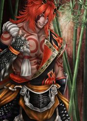 Rule 34 | 1boy, abs, bara, bodypaint, clothes, demon, fingerless gloves, gloves, highres, horns, jungle, long hair, looking at viewer, male focus, muscular, musou orochi, musou orochi 2, nature, outdoors, pectorals, purple eyes, red hair, rope, shirt, shuten doji, smile, solo, teeth, yellow eyes