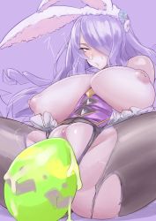 Rule 34 | 1girl, alternate costume, animal ears, bare shoulders, black pantyhose, blush, breasts, breasts out, breath, camilla (fire emblem), camilla (spring) (fire emblem), clitoral hood, clitoris, commentary, easter, easter egg, egg, egg laying, english commentary, fake animal ears, fire emblem, fire emblem fates, fire emblem heroes, frilled leotard, frills, gold trim, hair over one eye, heavy breathing, huge breasts, inverted nipples, leotard, leotard pull, long hair, mikoyan, nintendo, nipples, no panties, pantyhose, puffy nipples, purple background, purple eyes, purple hair, pussy, rabbit ears, reclining, sagging breasts, simple background, solo, spread legs, steaming body, strapless, strapless leotard, sweatdrop, torn clothes, torn leotard, torn pantyhose, translation request, uncensored, very long hair