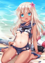 Rule 34 | 10s, 1girl, aqua eyes, blonde hair, blue eyes, blush, breasts, feet, flower, full body, hair ornament, kantai collection, lifebuoy, long hair, looking at viewer, milkshakework, no pants, no socks, one-piece tan, open mouth, ro-500 (kancolle), school swimsuit, sitting, small breasts, solo, swim ring, swimsuit, tan, tanline, tears, torn clothes, torn swimsuit, underboob, water