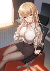Rule 34 | 1girl, :d, adjusting eyewear, arm support, bison cangshu, black pantyhose, black skirt, blonde hair, blush, breasts, brown pantyhose, chair, cleavage, collarbone, collared shirt, commentary request, day, dress shirt, earrings, glasses, green eyes, hand on eyewear, head tilt, highres, indoors, jewelry, large breasts, long hair, long sleeves, looking at viewer, miniskirt, missouri (warship girls r), monitor, office chair, office lady, open mouth, pantyhose, partially unbuttoned, pencil skirt, revision, semi-rimless eyewear, shirt, shirt tucked in, sidelocks, sitting, skirt, sleeves rolled up, smile, solo, star (symbol), star earrings, sunlight, swivel chair, warship girls r, white shirt, window, window shadow