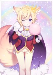 Rule 34 | +++ (artist), 1boy, ;), animal ears, cape, chain, commission, crown, fox ears, fox tail, fur trim, gloves, highres, holding, light blush, looking at viewer, male focus, one eye closed, original, pants, prince, purple eyes, skeb commission, smile, solo, tail, white gloves