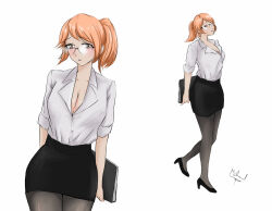 Rule 34 | 1girl, afmikasenpai, black footwear, black pantyhose, black skirt, blush, breasts, brown eyes, cleavage, collared shirt, frown, full body, glasses, high heels, highres, large breasts, looking at viewer, multiple views, office lady, original, pantyhose, pencil skirt, ponytail, red hair, shirt, short hair, simple background, skirt, standing, white background, white shirt