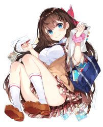Rule 34 | 1girl, bag, blouse, blue eyes, blush, bow, breasts, brown footwear, brown hair, brown skirt, closed mouth, from below, full body, hair bow, hair ornament, hairclip, hands up, holding, holding pencil, kneehighs, large breasts, loafers, long hair, looking at viewer, medium breasts, mika pikazo, miniskirt, original, pamphlet, paper, pencil, pink bow, plaid, plaid skirt, pleated skirt, school bag, school uniform, scrunchie, shirt, shoes, simple background, skirt, smile, socks, solo, thighs, white background, white shirt, white socks, wrist scrunchie