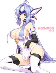 Rule 34 | 1girl, absurdres, android, areola slip, bare shoulders, black gloves, blue hair, boots, breasts, character name, elbow gloves, forehead protector, gloves, hair between eyes, halcon, heart, highres, hip focus, kos-mos, kos-mos ver. 4, large breasts, long hair, looking at viewer, red eyes, simple background, smile, solo, thigh boots, thighhighs, thighs, white background, white thighhighs, xenosaga