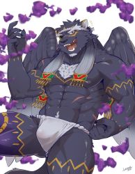 Rule 34 | 1boy, abs, animal ears, bara, body fur, bulge, chest hair, cowboy shot, feathered wings, forked eyebrows, fundoshi, furry, furry male, jaguar boy, jaguar ears, jaguar tail, japanese clothes, luwei, male focus, male underwear, medium hair, muscular, muscular male, navel, navel hair, nipples, one eye covered, open mouth, pectorals, purple fur, slime (substance), solo, tail, tezcatlipoca (housamo), thick eyebrows, thick thighs, thighs, tokyo houkago summoners, underwear, underwear only, white male underwear, wings