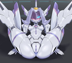 Rule 34 | 1girl, anus, bar censor, blush, breasts, censored, chlorophytum, closed mouth, colored skin, darling in the franxx, folded, kneepits, looking at viewer, nipples, one eye covered, pochincoff, purple hair, pussy, robot, small breasts, smile, solo, spread legs, visor, white skin