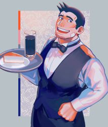 Rule 34 | 1boy, ace attorney, alternate costume, bad id, bad twitter id, bandaid, bandaid on face, black hair, black vest, bow, bowtie, butler, cup, dick gumshoe, drinking glass, facial hair, highres, male focus, open mouth, paguraisu, short hair, solo, spiked hair, stubble, tray, upper body, vest